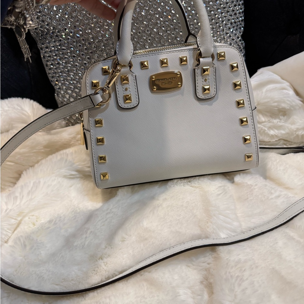 Michael Kors White Satchel with Gold Studs